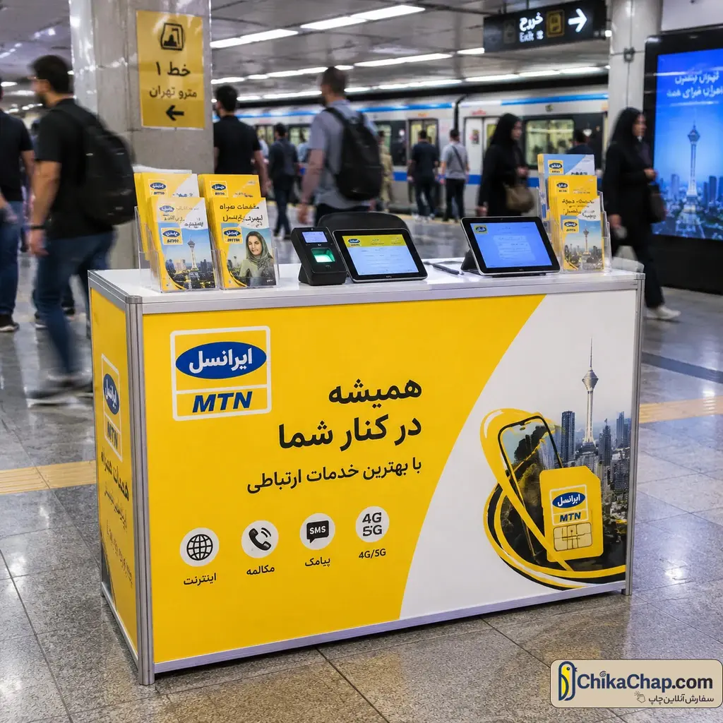 میز فروش سیم کارت و پخش تراکت و بروشور پرتابل با اسکلت فلزی تاشو و چاپ مقاوم